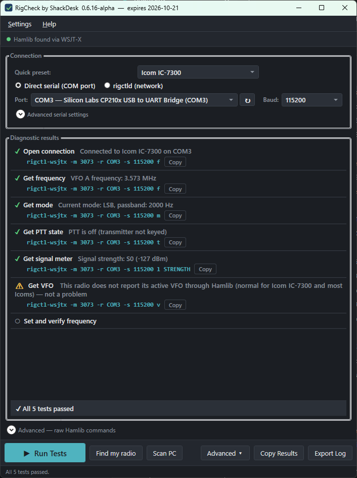 RigCheck 0.6.16 — Run Tests against an IC-7300: connection, frequency, mode, PTT, and S-meter all passing